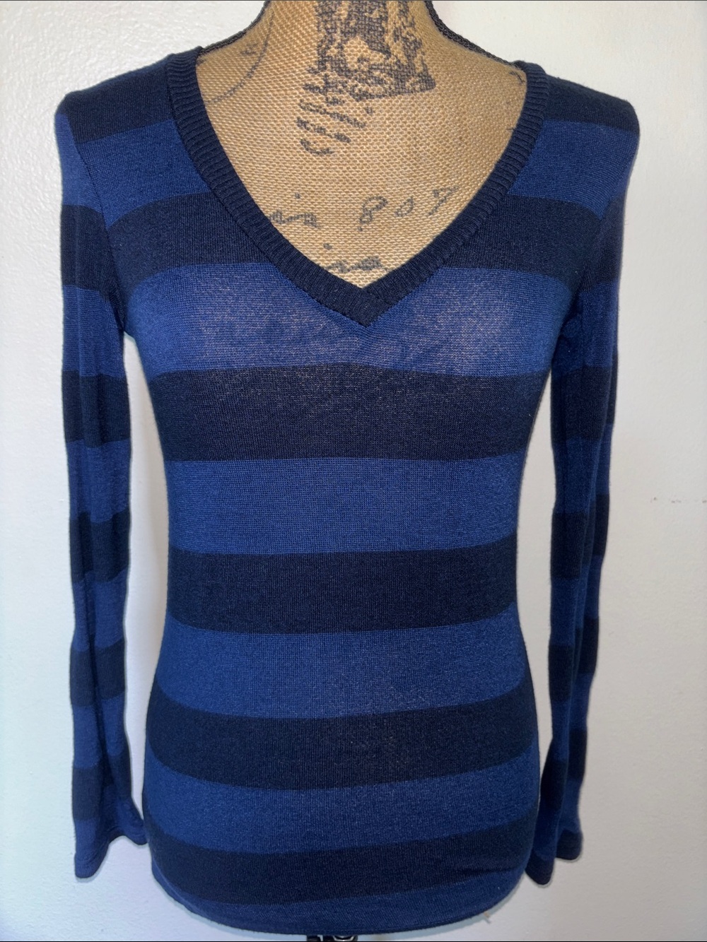 Women's Sz M Navy and Royal Blue V-Neck Striped Sweater-One Clothing